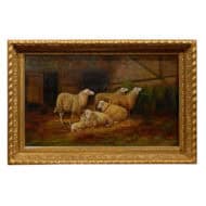 Antique Sheep Oil Painting on Board in Antique Gilt Wood Frame