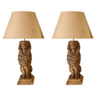 Pair of Wooden Carved Sitting Lion Table Lamps, circa 1880 with Empire Shades