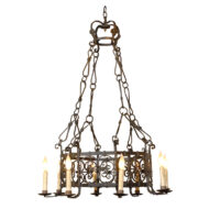 French Vintage Eight-Light Iron Round Chandelier with C-Scroll Motifs