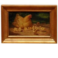 Hen and Chicks Oil on Board in Gilt wood Frame
