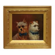 Two English Terrrier Dogs with Blue Bow Collars in Giltwood Frame