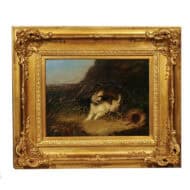 English Oil on Canvas of Two Terriers Hunting in a Gilt wood Frame