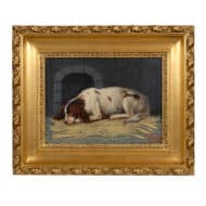 Dutch Oil on Canvas of a Reclining Dog in a giltwood frame