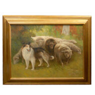 Large Painting of Sheep and Dog in Landscape on Canvas in Antique Gilt Wood Frame