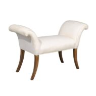 English Midcentury Petite Upholstered Bench with Saber Legs and Scrolled Arms