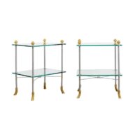 Pair of French Midcentury Steel and Brass Tiered Side Tables with Hoofed Feet