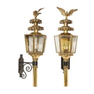 Pair of American 1900s Brass Lanterns with Eagles and Hexagonal Glass Body