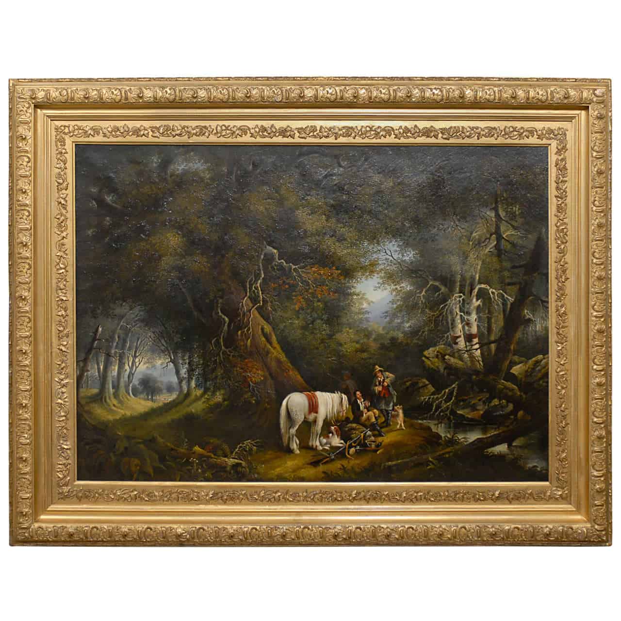 Large Oil Painting of Men with Horse and Dogs in Landscape, Turn of the Century