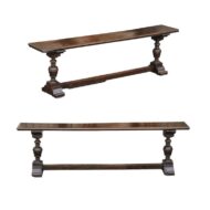 Two English Georgian Period Walnut Benches with Turned Legs and Cross Stretcher