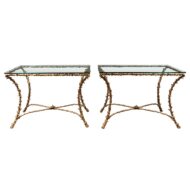 Pair of Midcentury Gilt Bronze Glass Tops Console Tables with Faux Bois Motifs