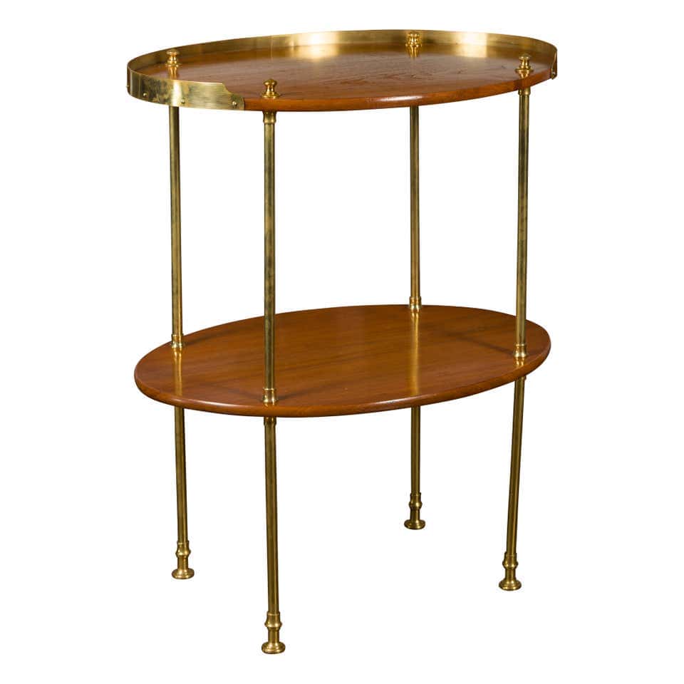 English Midcentury Mahogany Oval Two-Tiered Table with Brass Accents