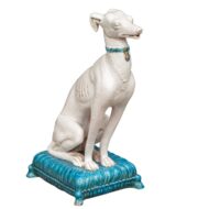 Vintage Italian Midcentury Porcelain Greyhound Dog Sitting on Blue Cushion