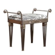 French 1930s Steel Bench with Out-Scrolling Arms, Tapered Legs and Toile Fabric