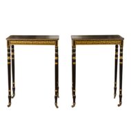 Pair of English Regency Period Ebonized Wood Console Tables with Gilt Greek Key