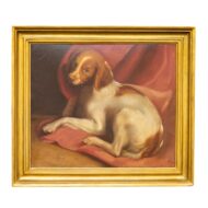 American 1890s Framed Oil on Board Painting Depicting a Dog Lying on a Red Drape