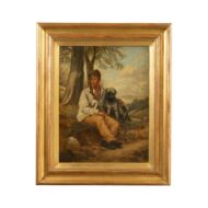 English 1880s Oil on Canvas Painting of a Boy with His Dog in Antique Gilt Frame