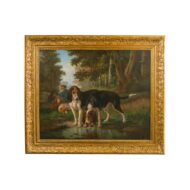 Signed Joost-Vincent De Vos 19th Century Oil Painting Depicting Hounds and Boy