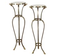 Pair of Italian Steel and Brass Pedestals with Marble Tops and Ram's Heads