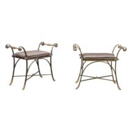 Pair of Italian Midcentury Directoire Style Steel and Brass Stools with Cushions