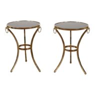 Pair of Midcentury Italian Brass Tables with Black Mirrored Tops and Ring Motifs