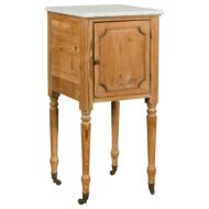 Petite English 1870s Pine End Table with White Marble-Top and Single Door