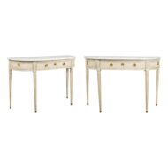 Pair of French 19th Century Neoclassical Style Demilune Tables with Marble Tops