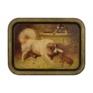 English 19th Century Painted Tôle Tray Depicting Playful Dogs and Turtle Doves