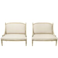 Pair of French 1900s Louis XVI Style Walnut Settees with Scrolling Arm Supports