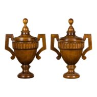 Pair of Midcentury English Carved Walnut Lidded Urns with Large Handles