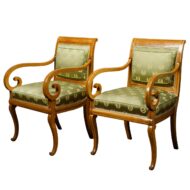 Pair of English 1830s Regency Walnut Upholstered Armchairs with Scrolling Arms