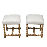 Pair of English 1880s Giltwood Barley Twist Stools with New Upholstery