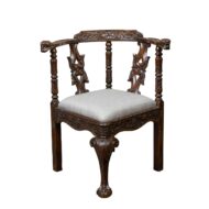 English 19th Century Oak Corner Chair with Carved Foliage and New Upholstery
