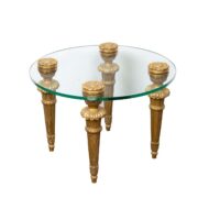 French Midcentury Carved Giltwood Drinks Table with Round Glass Top and Rosettes