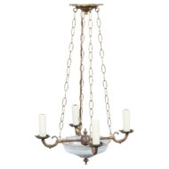 French 1900s Opaline Four-Light Chandelier with Leaf Motifs and Profiled Links