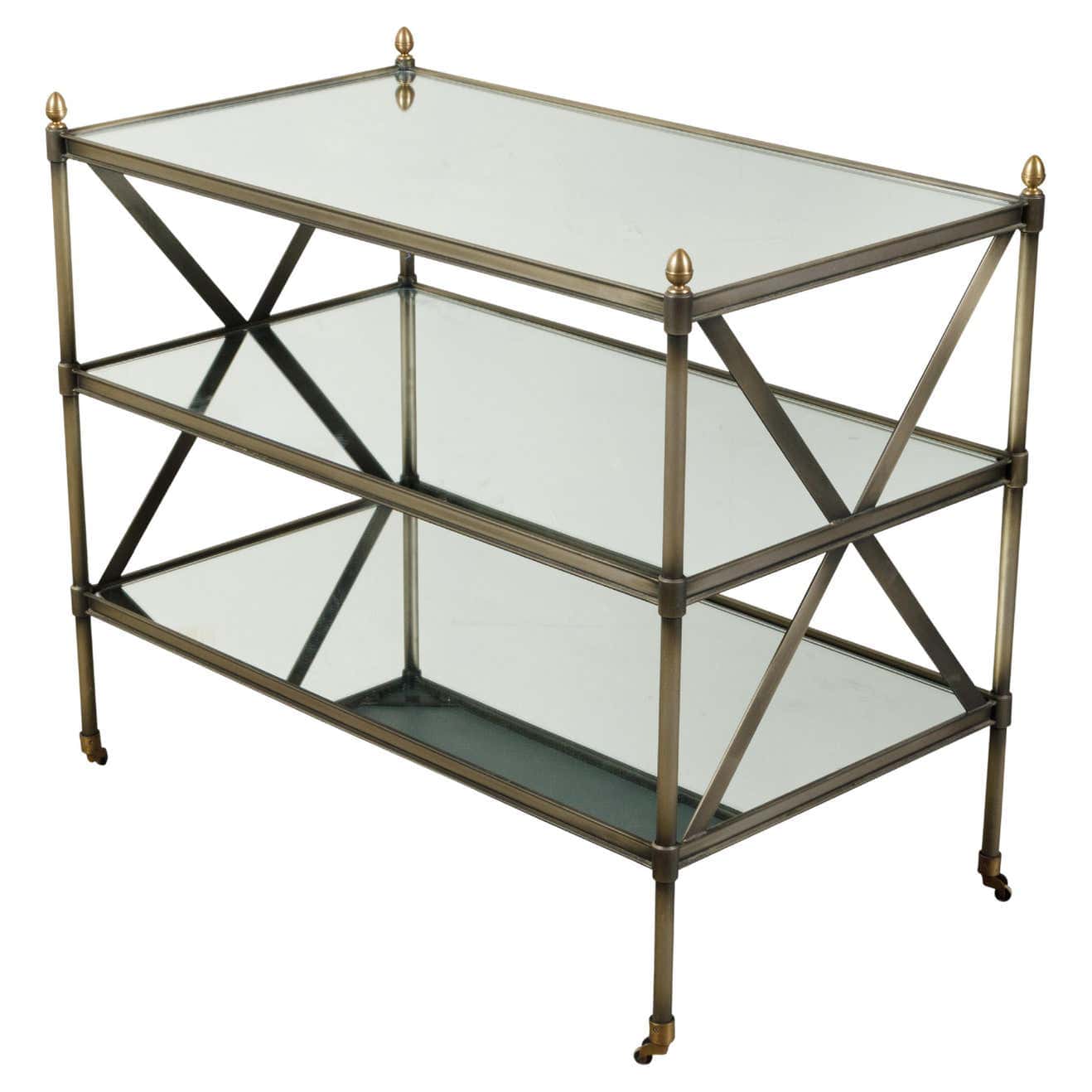 Italian Midcentury Patinated Metal Trolley with Mirrored Shelves and Casters
