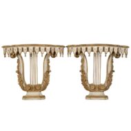 Pair of Italian Painted and Gilded Demilune Console Tables with Lyre Bases