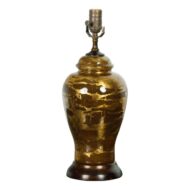 French Midcentury Glass and Gold Leaf Table Lamp on Circular Base, US Wired