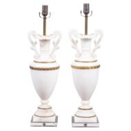 Pair of French 1920s White Marble Vase Shaped Table Lamps Mounted on Lucite