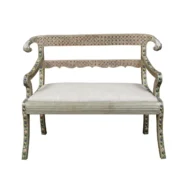 1930s Moroccan Metal Upholstered Settee with Enamel Décor and Rams' Heads