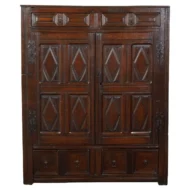 English 1800s Wooden Court Cupboard with Doors, Drawers and Diamond Motifs