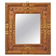 French Turn of the Century Tramp Art Mirror with Rosettes and Brass Motifs