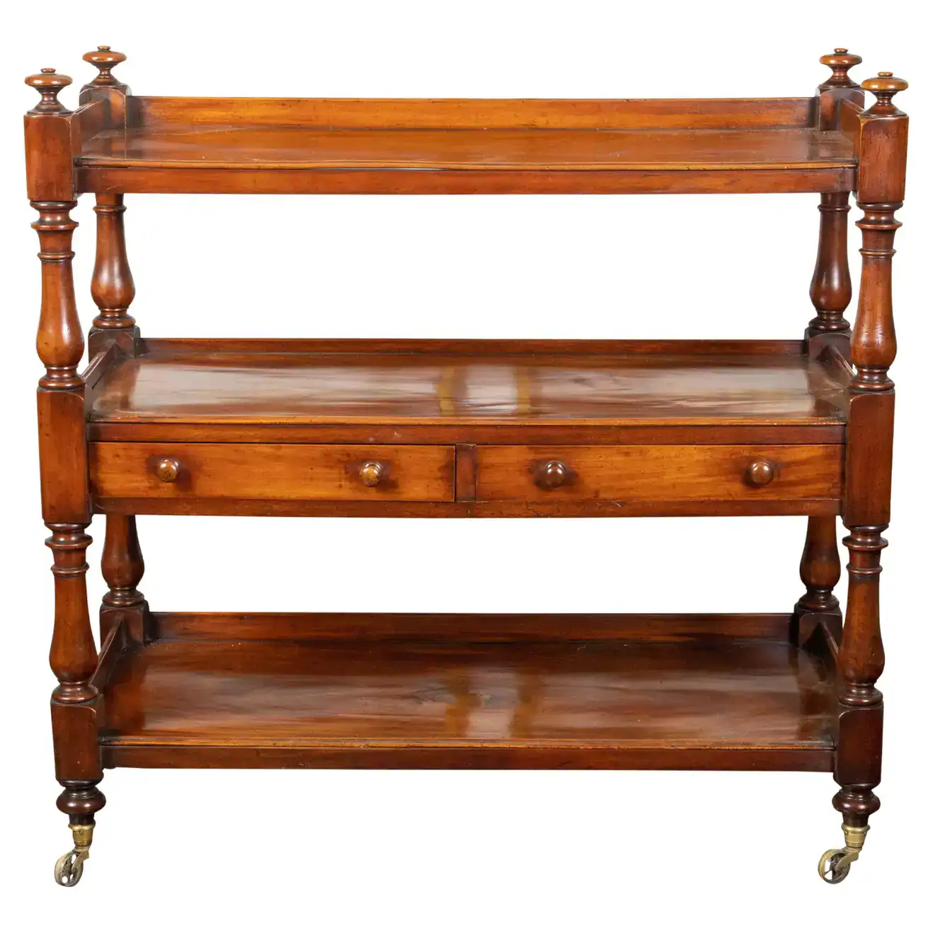 English 1820s Mahogany Trolley on Casters with Open Shelves and Two Drawers
