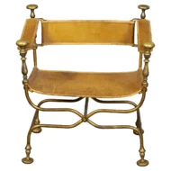 Italian Gilt Iron Savonarola Curule Chair with Tan Leather and X-Form Base.     HOLD