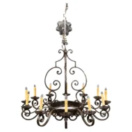 Midcentury French Steel 12-Light Chandelier with Scrolls and Dark Patina