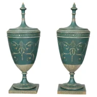 Pair of English 19th Century Neoclassical Style Green Painted Lidded Tôle Urns