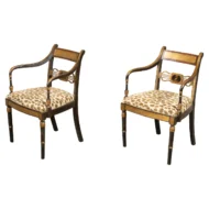 Pair of English Regency Period Early 19th Century Black and Gold Armchairs