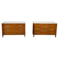 Pair of French 19th Century Three-Drawer Walnut Commodes with White Marble Tops