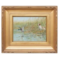 Fernand Maissen Oil on Panel Painting Depicting a Setter Hunting a River Mallard