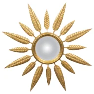 Midcentury French Sunburst Wall Mirror with Leafy Décor and Convex Plate