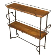 Midcentury American Metal and Wood Two-Tiered Shelving Unit with Twisted Motifs